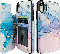 Vista 1 de HAOPINSH Funda tipo cartera para iPhone XR con tarjetero, diseño de mármol rosa y azul en la parte trasera, de piel sintética, con ranuras