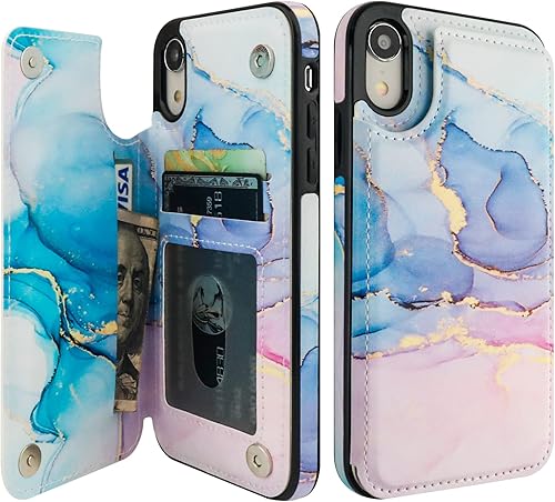 HAOPINSH Funda tipo cartera para iPhone XR con tarjetero, diseño de mármol rosa y azul en la parte trasera, de piel sintética, con ranuras para
