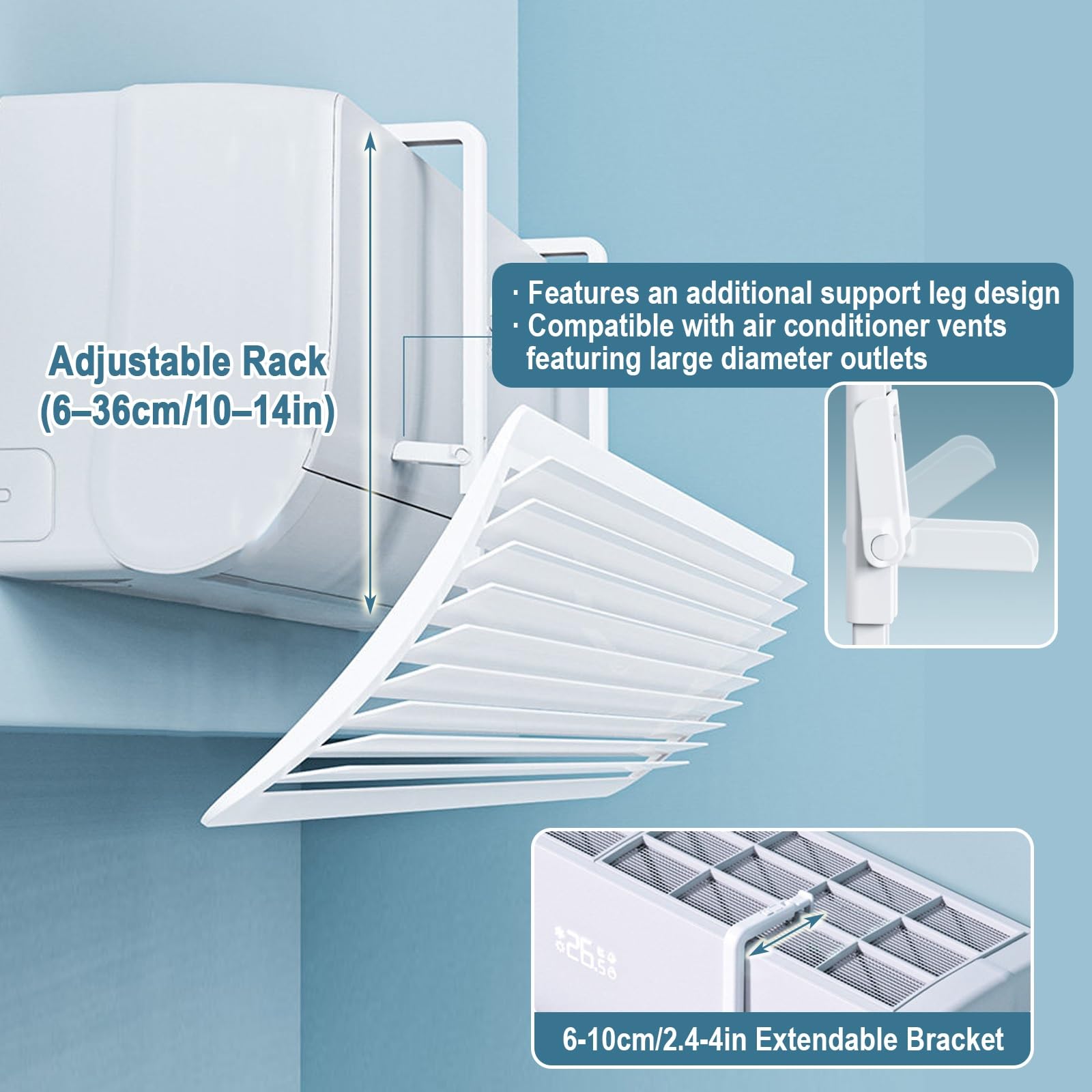 Deflettore Condizionatore, Deviatore Aria Condizionata Orientabile 270°, Pannello 90cm, Staffa Regolabile 26-36cm