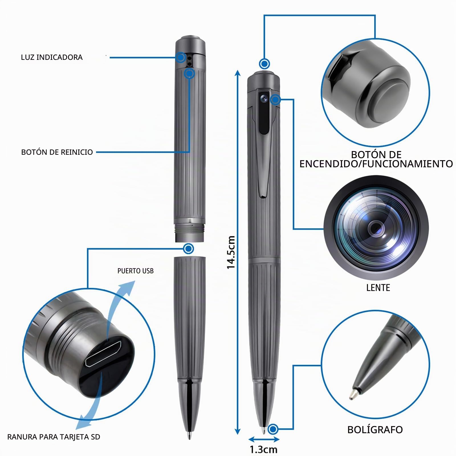 OTADUG Cámara espía con bolígrafo, 16GB Bolígrafo con cámara Oculta, 1080P Cámara Oculta con Monitoreo de Movimiento, Grabación de Video y Audio