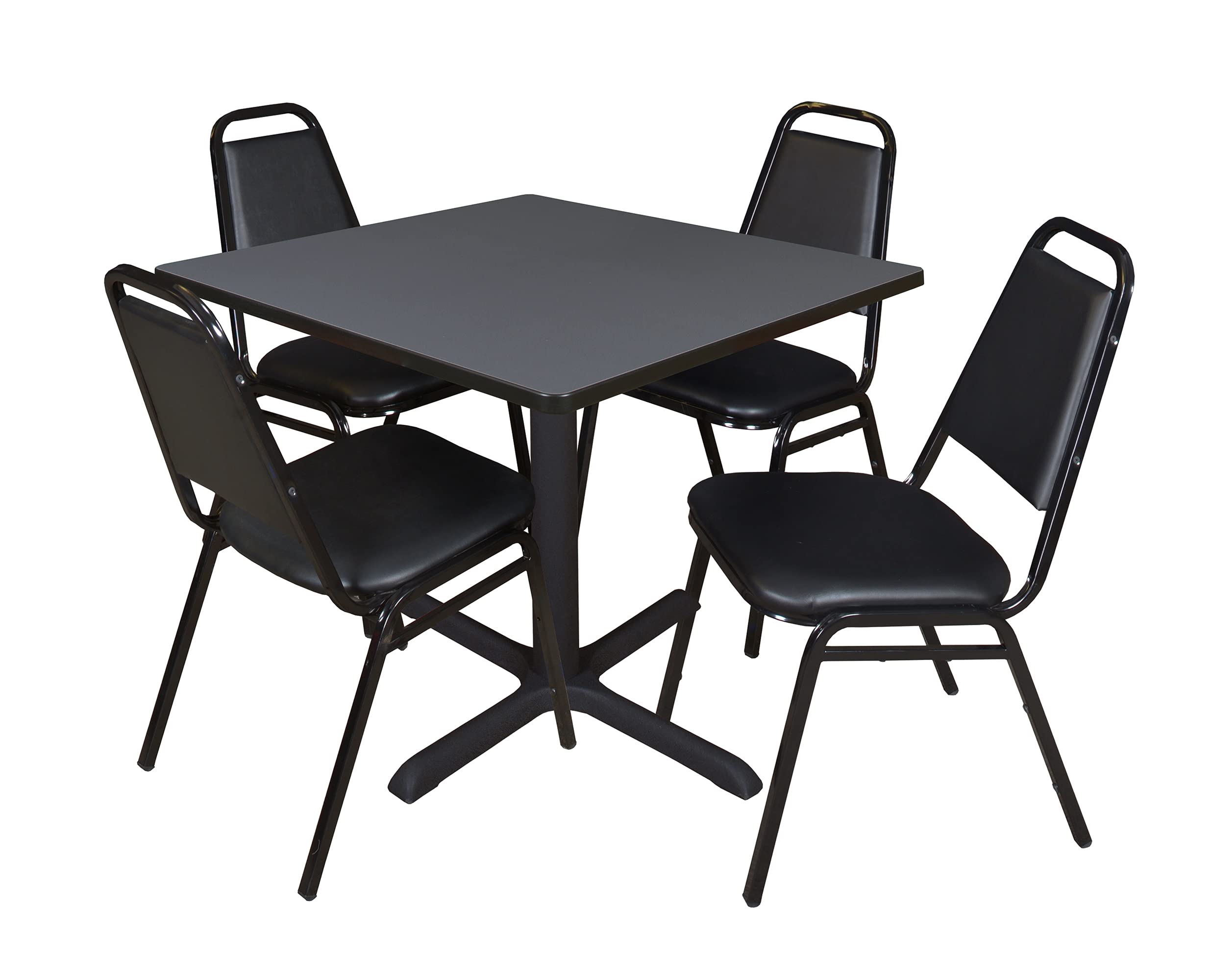 Romig Pillar 36 in. Square X-Base Breakroom Table- Grey &amp; 4 Restaurant Stack Chairs- Black