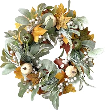 GLLBTPT Fall Wreath Full Handcrafted Autumn Front Door Wreath with Pumpkins Maple Leaves Berries for Halloween Thanksgiving Harvest Decoration Green Leaf