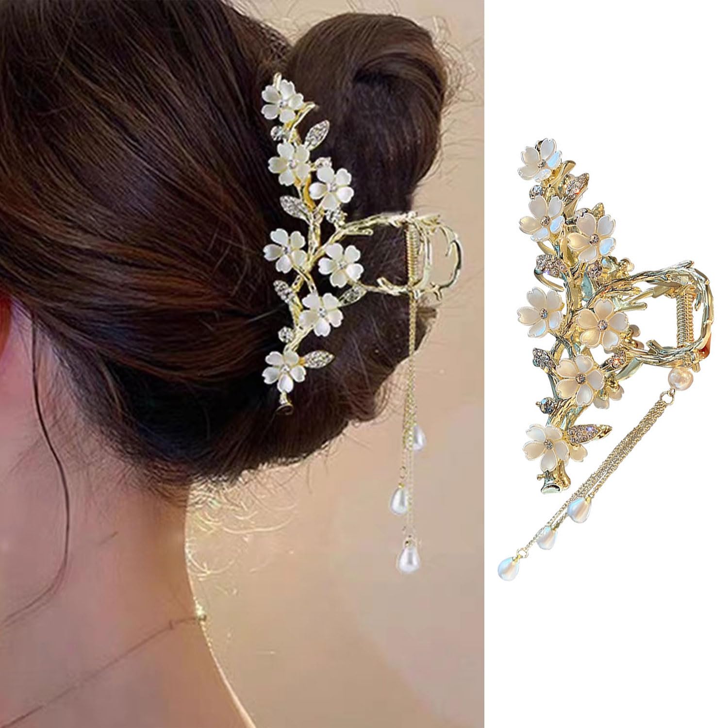 Jasmine Flower Claw Clips for Women Metal Non-Slip Claw Clip With Rhinestones Pearl Tassel Design Floral Hair Clips Cute Claw Clips for Thick Hair Claw Clips Flower for Women