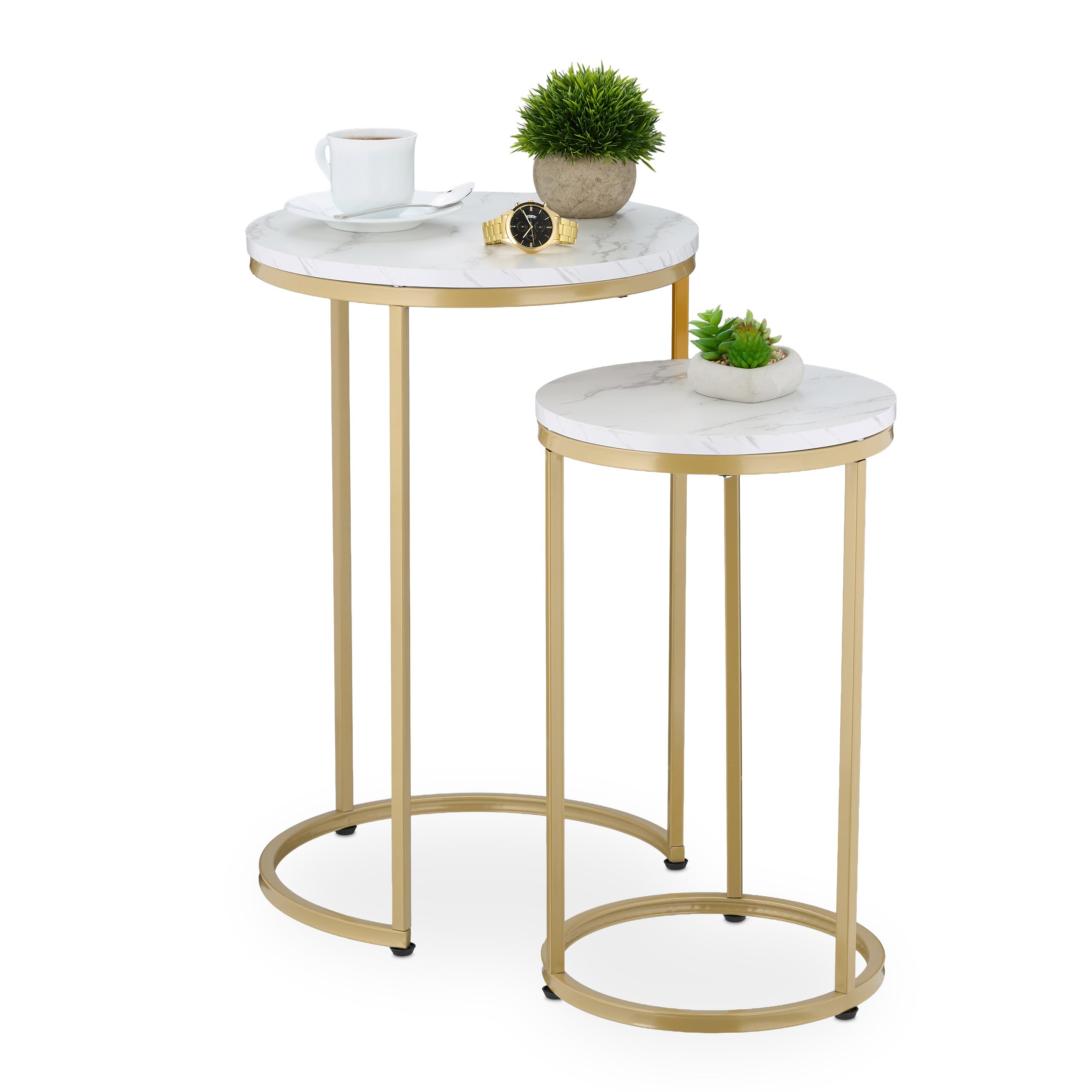 Relaxdays Table d'appoint en Lot de 2 (Dimensions différentes), mélange de matériaux, pour Le Salon, Blanc et doré