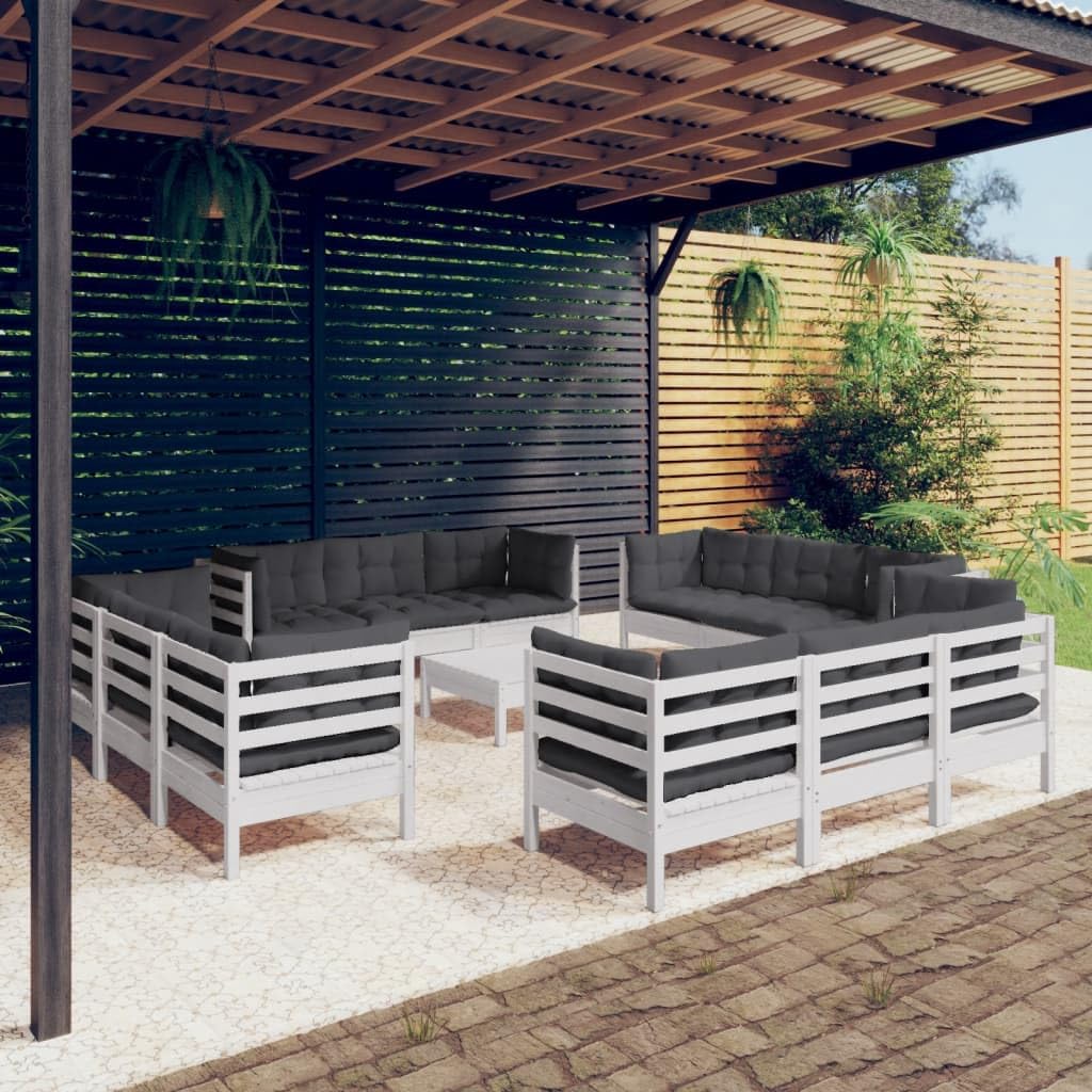 Juego de muebles de jardín de 13 piezas con tapizado en color antracita, conjunto modular de madera de pino resistente para terraza, balcón, jardín, incluye cojín de asiento, mesa auxiliar