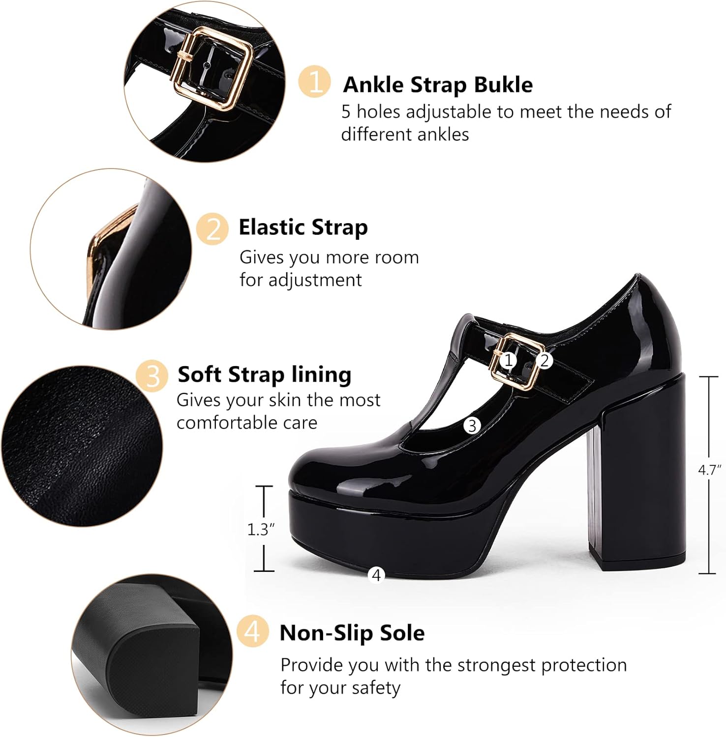 Coutgo Womens' T-Strap Round Toe Chunky Platform Heels Patent Mary Jane Dress Shoes - Image 3