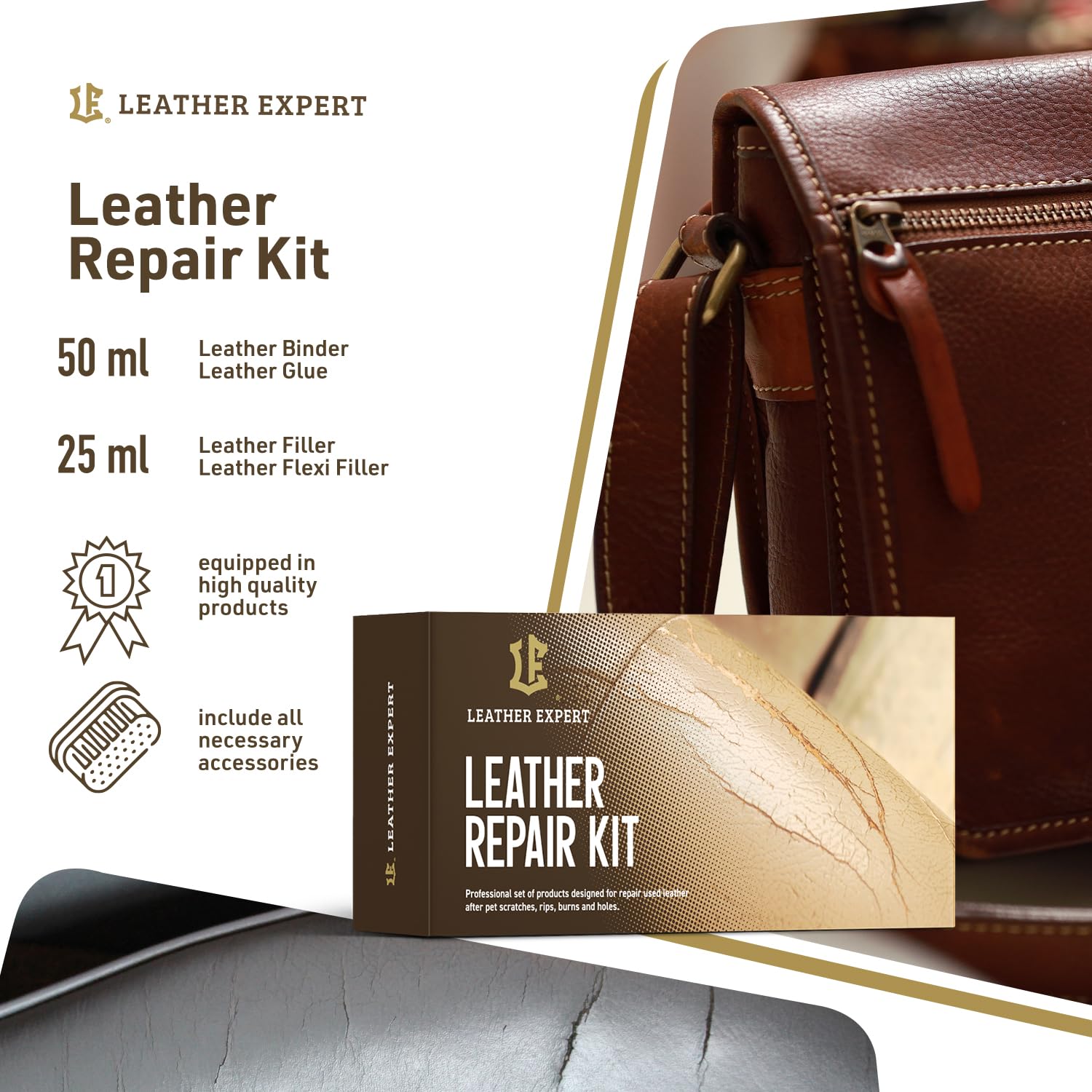 Leather Expert Kit d'entretien du Cuir Repair Kit - 2x25ml remplisseur de Cuir, remplisseur de Cuir Flexible + 2x50ml liant et Colle pour Cuir - Kit de Nettoyage du Cuir pour Voiture