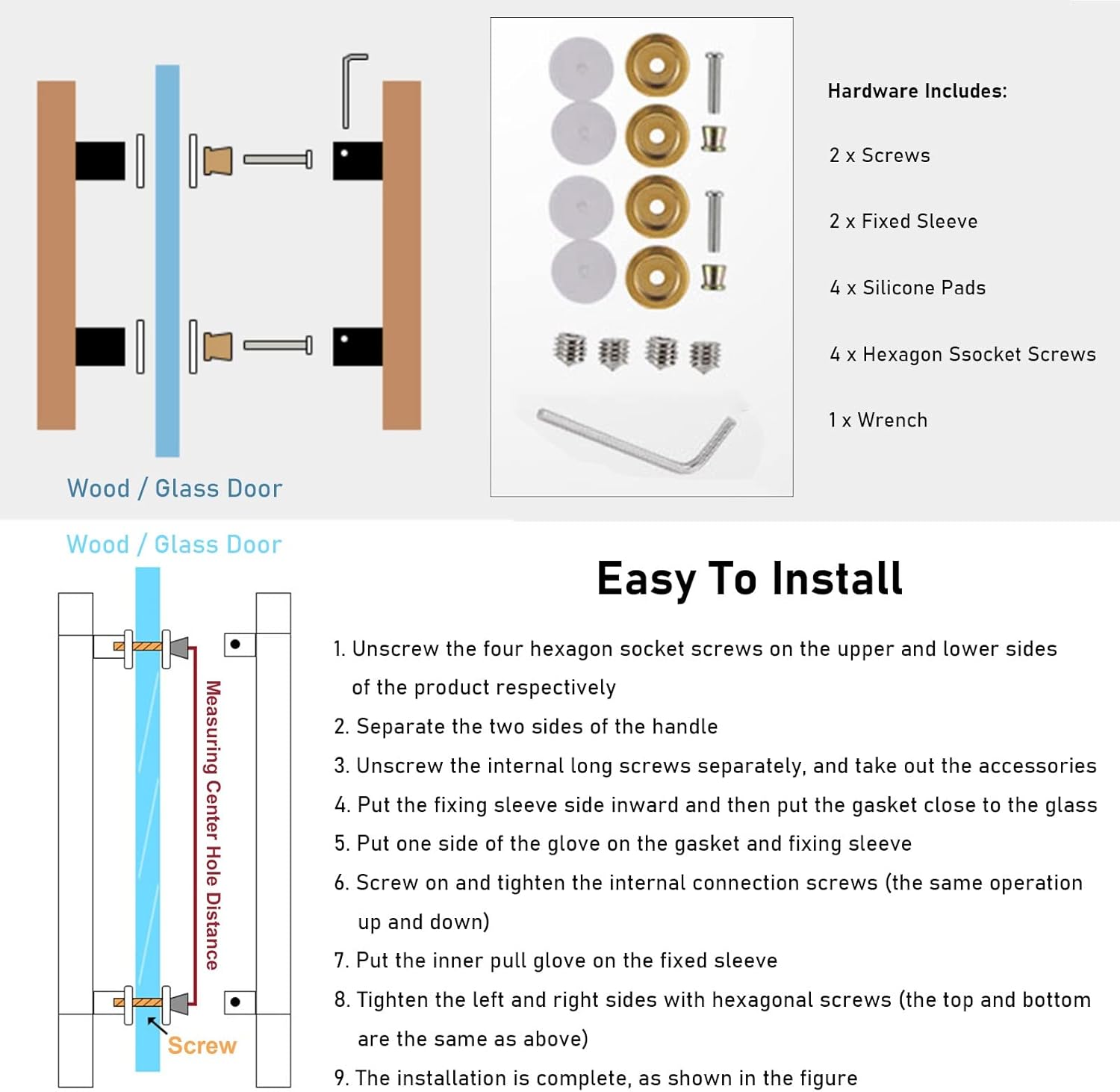 Silver Entry Push Pull Door Handle Sliding Shower Glass Door Handle for Indoor Outdoor Gate,Double Sided Round Bars,Contemporary (Size :60cm/24in)