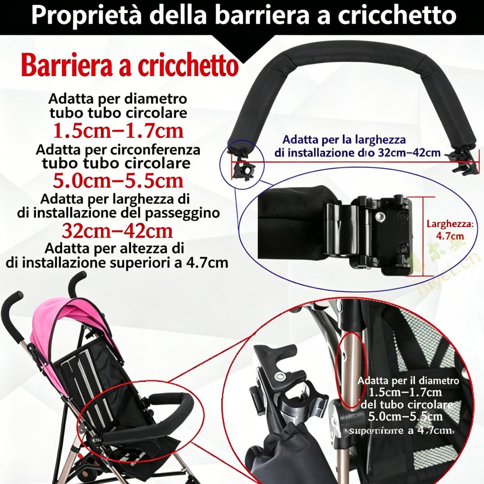 predolo Paracolpi per Passeggini, Barra Di Sicurezza per Passeggino, Barra Di Supporto per Manubrio Resistente Barra per Passeggino per Tubi Tondi in Acciaio Di Diametro 1,5 Cm-1,7 Cm