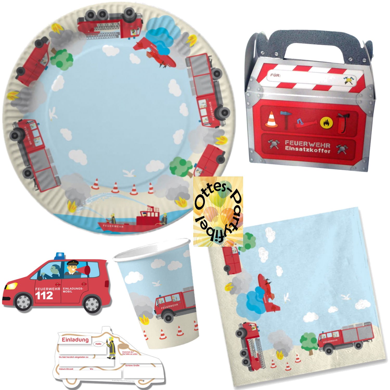 Feuerwehr Party-Set 76tlg. für 12 Kinder : Teller Becher Servietten Einladung Geschenkboxen