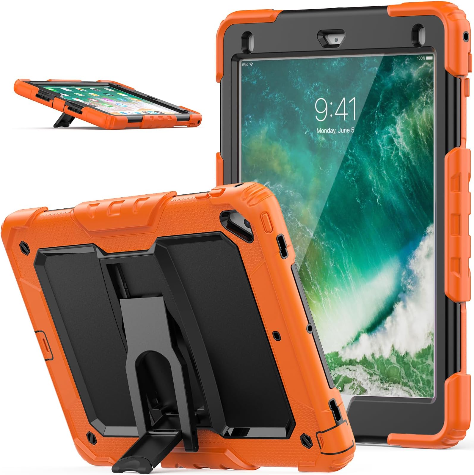 SEYMAC stock Case for iPad 6th/5th Generation 2018/2017, Air 2 2014, Pro 9.7 inch 2016, 3-Layer Full Body Shockproof Case with Folding Stand/Screen Protector, Drop-Proof Case for iPad 9.7 inch, Orange