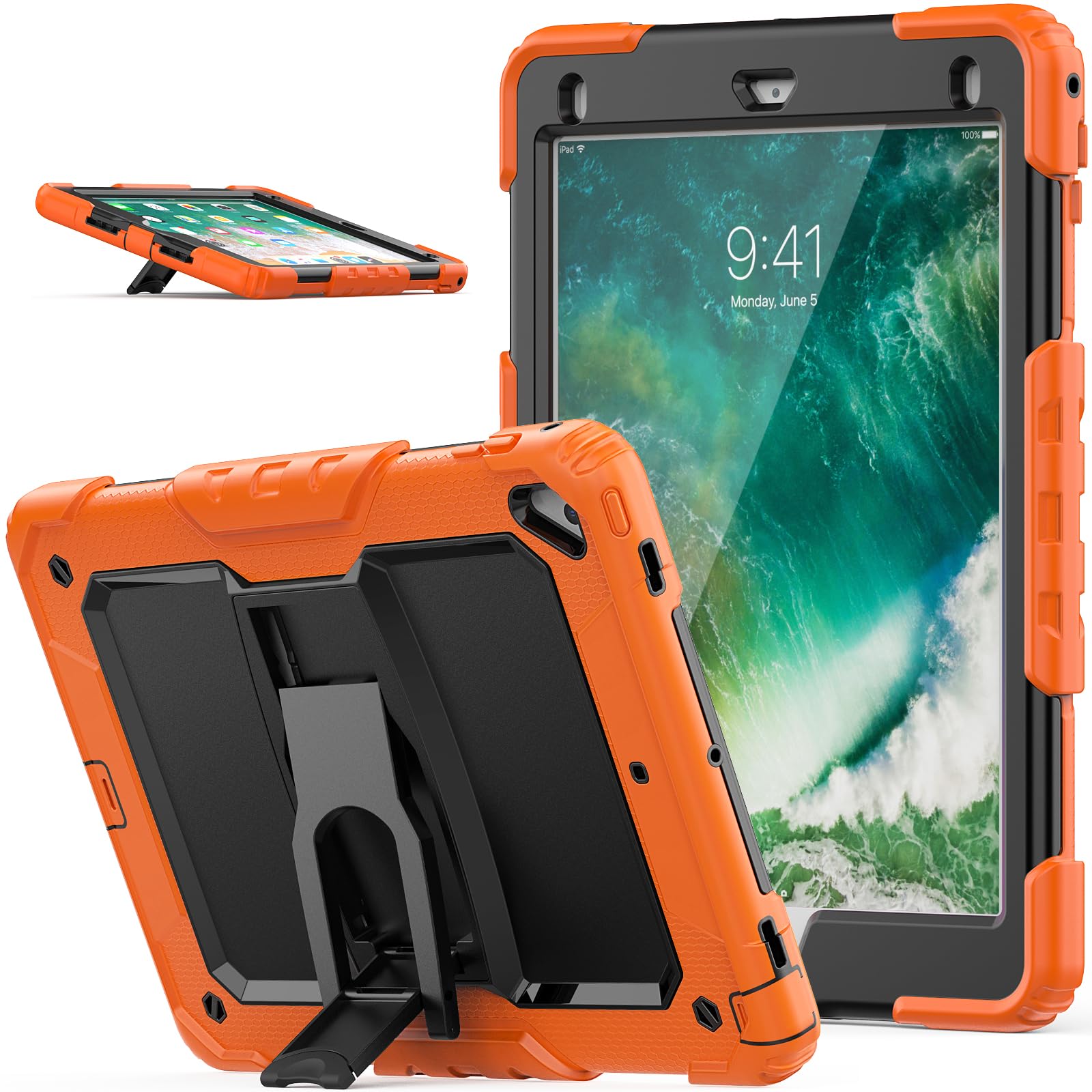 SEYMAC stock Case for iPad 6th/5th Generation 2018/2017, Air 2 2014, Pro 9.7 inch 2016, 3-Layer Full Body Shockproof Case with Folding Stand/Screen Protector, Drop-Proof Case for iPad 9.7 inch, Orange