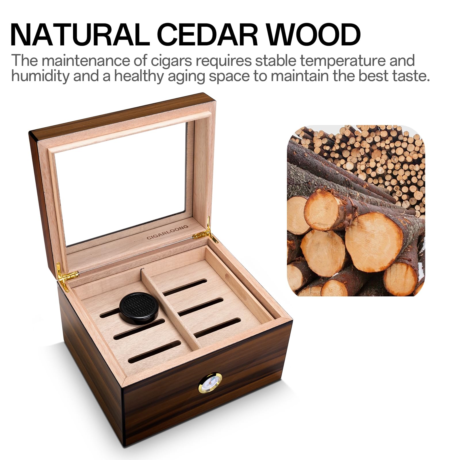 Cave à cigares en Bois de cèdre avec humidificateur et hygromètre, Structure à Double Couche pouvant contenir 65 à 75 pièces, cigares Non Inclus(Grand)