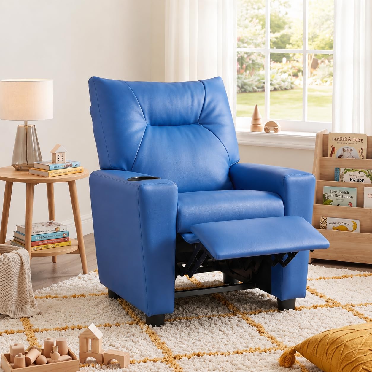 23" PU Leather Recliner Chair with Cup Holder and Recline, Blue