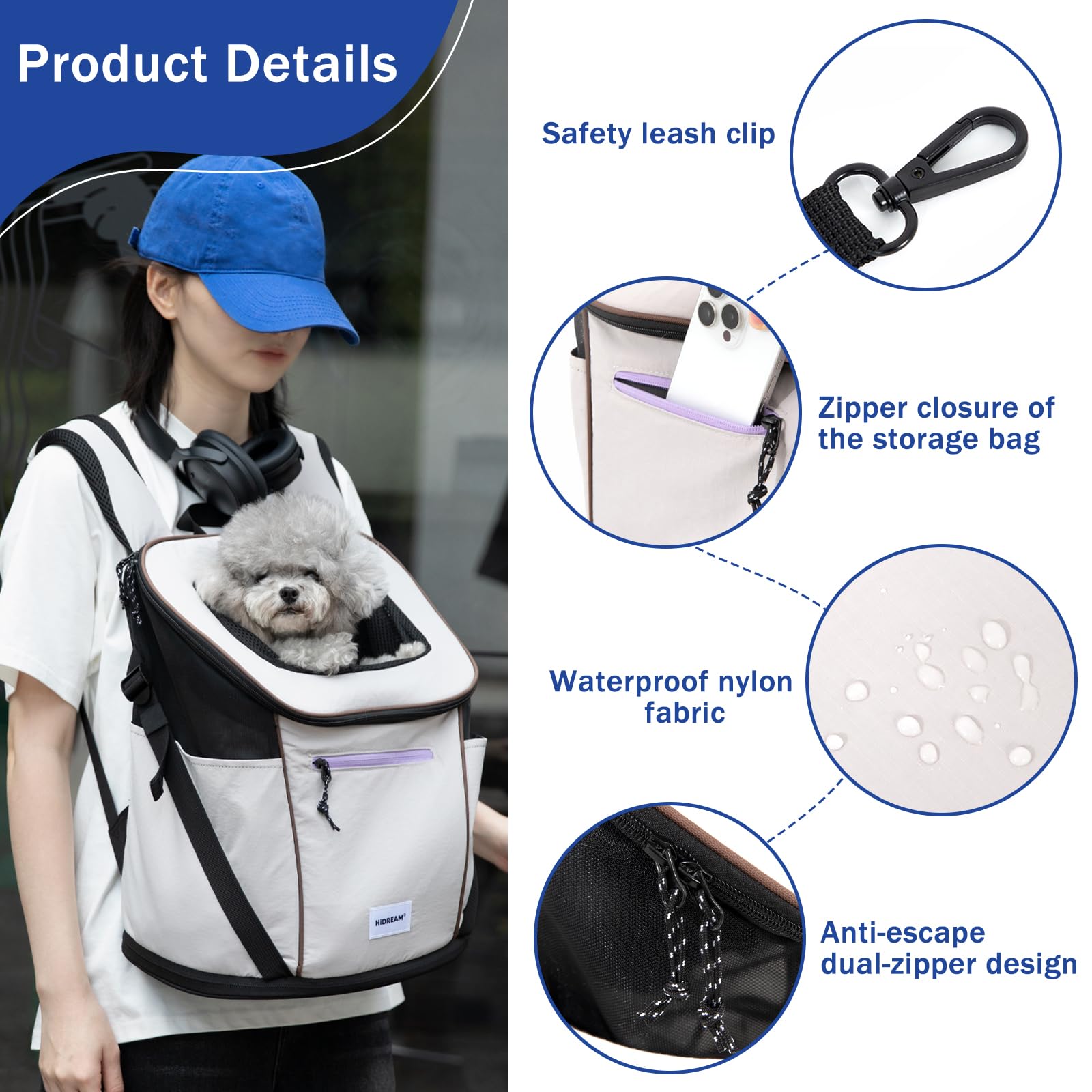 Mochila transportadora de nailon impermeable para gatos y perros, bolsa de viaje de malla transpirable con clip de seguridad para senderismo y camping, hasta 9 kg (gris)
