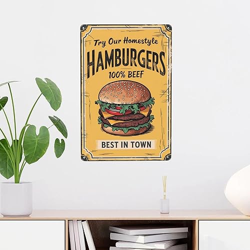 Miniatura 2 de Letrero clásico de lata de hamburguesa de 8 x 12 pulgadas, arte de pared de metal retro para cocina, bar de garaje y decoración temática de los años