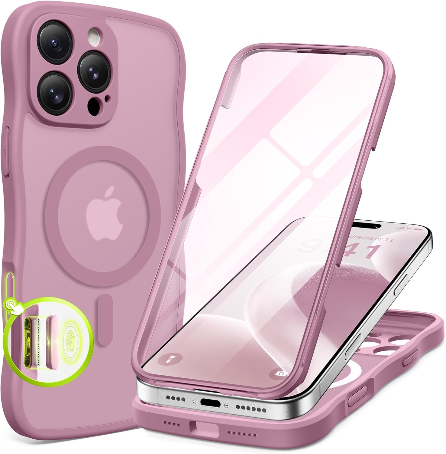 BERFY for iPhone 16 Pro Max Case for Women Girls, [Compatible with MagSafe][Built-in Glass Screen Protector and Camera Protection] Cute Wave Matte Phone Case for iPhone 16 Pro Max 6.9", Palevioletred - Image 2