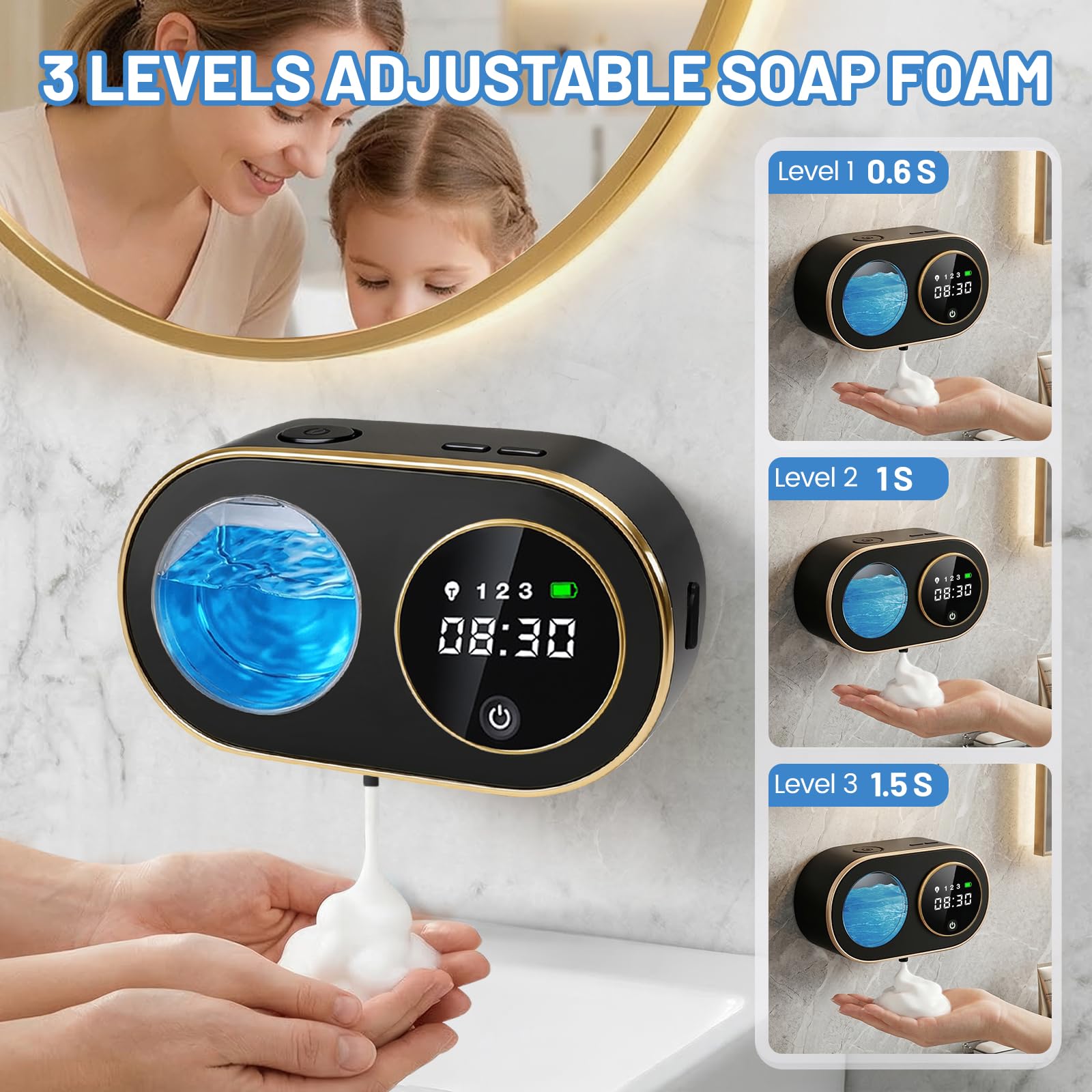 Automatischer Seifenspender, 320 ml, berührungsloser intelligenter Handseifenspender, 3 verstellbare Seifenstufen, wiederaufladbar, elektrischer Schaumseifenspender für Badezimmer, Küche, Büro