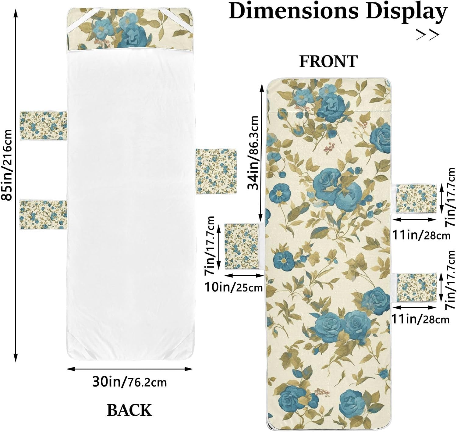 Vintage Style Floral Pattern Blue Roses Chaise Lounge Cushion Covers Soft Patio Furniture Covers with Pockets for Pool Beach Sunbathing, 85" X 30"