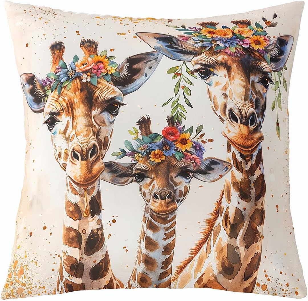 Feelyou Giraffe Family Pillow Covers for Home Sofa Bed Couch Animal Throw Pillow Covers for Kids Boys Girls Cartoon Giraffe Cushion Covers Spring Floral Pillowcases, 22x22 Inches Set of 2