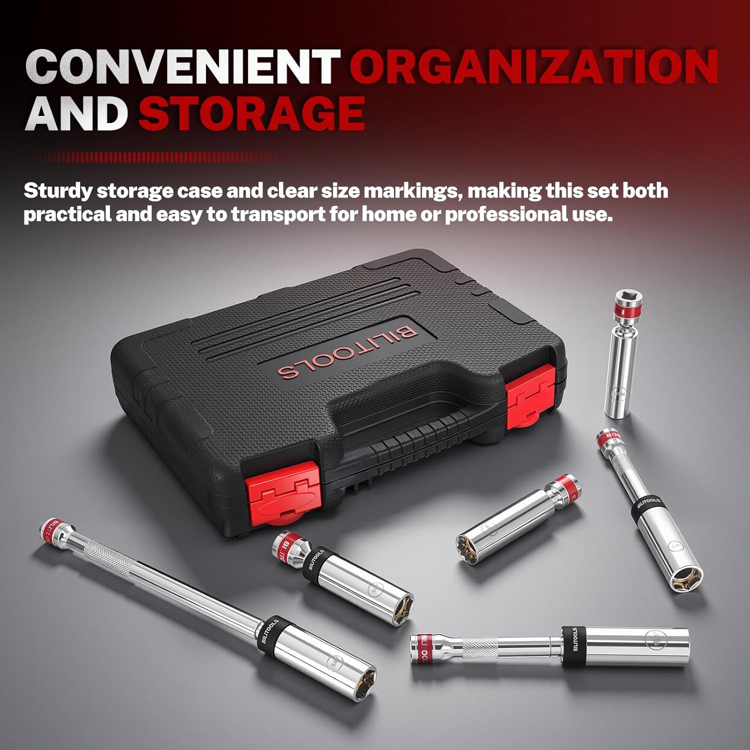 BILITOOLS 7 Piece Magnetic Swivel Spark Plug Socket Set with Gap Tool, 3/8-Inch Drive, 9/16'', 5/8'', 14mm, 16mm, 6 & 12 Point, CR-V