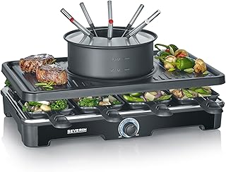 SEVERIN Appareil à Fondue et Raclette pour 8 personnes, Appareil à raclette 2 en 1 avec Plaque de cuisson et Service à fondue, Inclus 8 poêlons, spatules et fourchettes à fondue, Noir, RG 2347