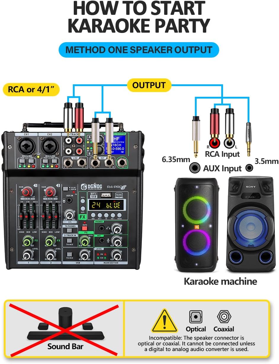 R4-PROS 4 Channel Karaoke Mixer with 2 Wireless Microphones, Bluetooth
