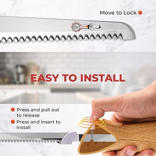Miniatura 15 de Cuchillo eléctrico – Juego de cuchillos para tallar, cuchillas de borde dentado fáciles de cortar para carne, pan, pavo, costillas, filete, Madera
