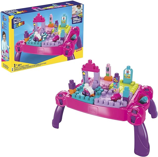 Fisher Price Build n Learn Table by MEGA BLOKS, 30 Pieces, Portable Table, Ideal for Ages 1 and Up, Pink