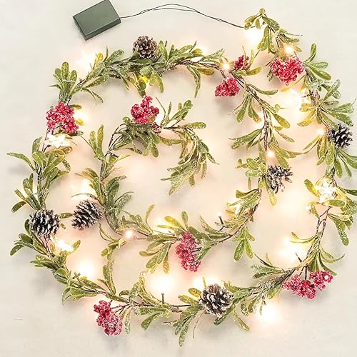 Guirnalda de Navidad de olivo nevado de 6 pies con bayas de pino, guirnalda a pilas con temporizador, guirnalda preiluminada para Navidad, fiesta,