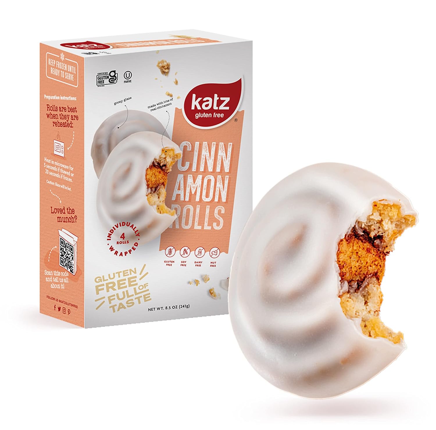 Katz Gluten Free Cinnamon Buns. Fresh Baked buns Made With Real Cinnamon and Covered In A Sweet Glaze. Grain Free. Tree Nut Free, Peanut Free. Dairy Free. Soy Free. Kosher. 4 Individually Wrapped Cinnamon Buns 8.5 oz. (Pack of 6)