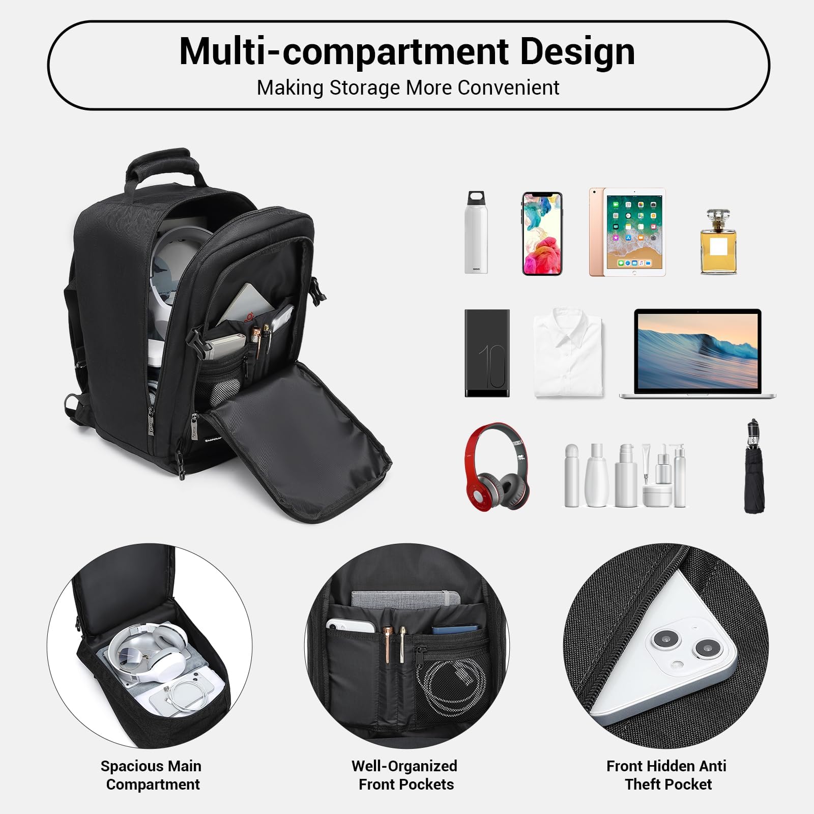 KONO Kabinentasche 40 x 20 x 25 cm für Ryanair Untersitz Reise Handgepäckrucksack Kabinengröße 20L, Schwarz - Image 3