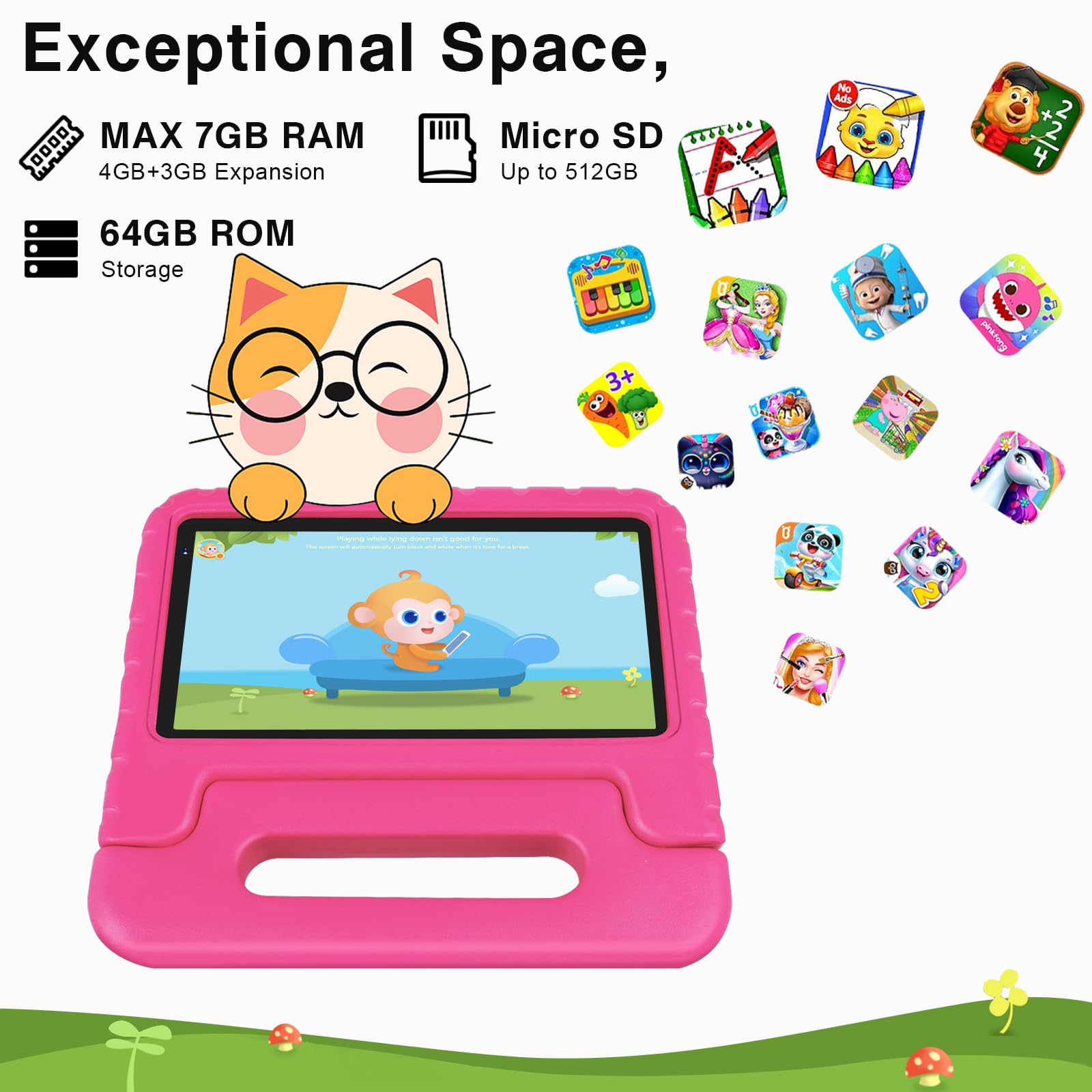 JUSYEA Tablet Niños 32GB ROM 7" FHD Android 11 Pad WiFi 6 Play Store Cámara Doble Seguridad Infantil Eva Funda Protectora - Rosa