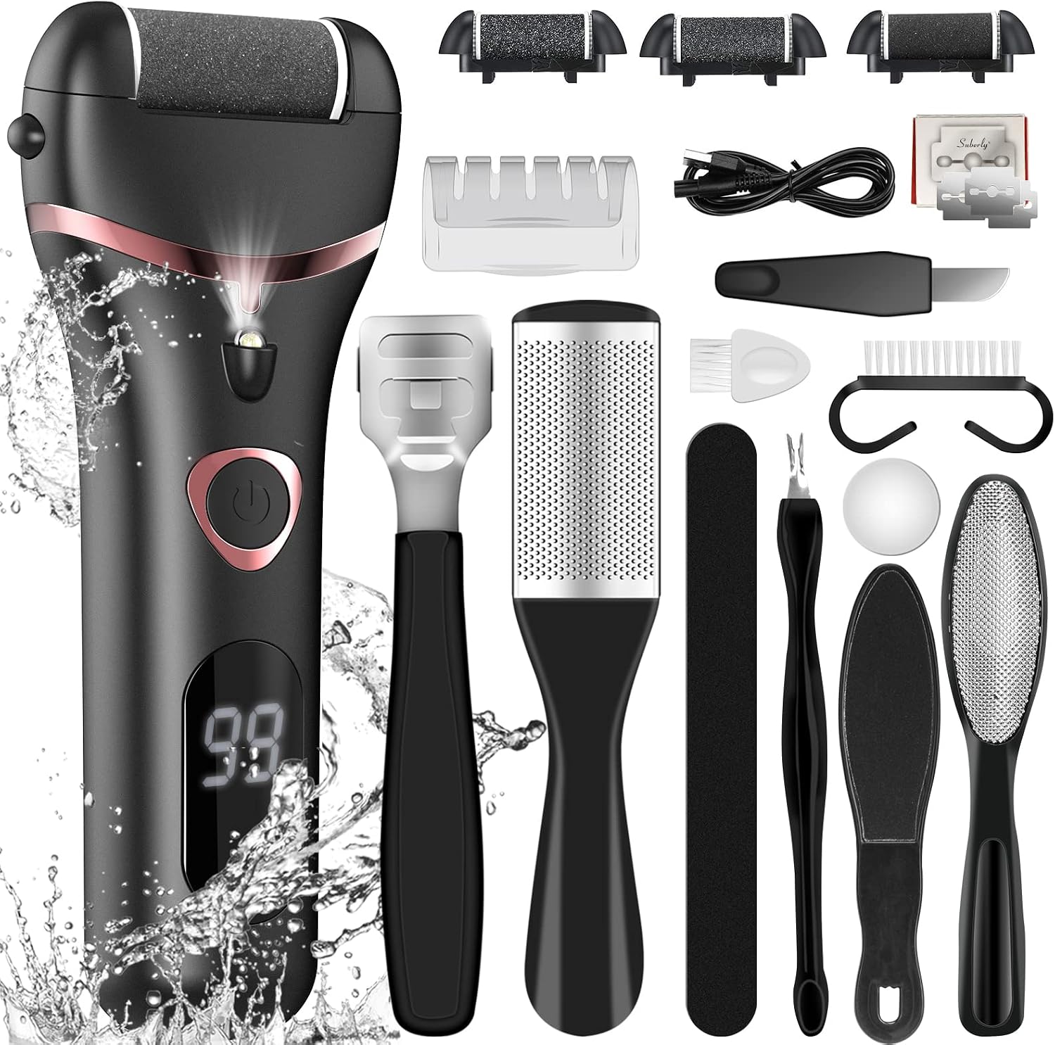 Electric Callus Remover for Feet, Rechargeable Foot File Callus, Professional Pedicure Kits 10 in 1, with 3 Roller Heads, 2 Powerful Speed, LCD Display, Best for Cracked Heels Callus and Dead Skin
