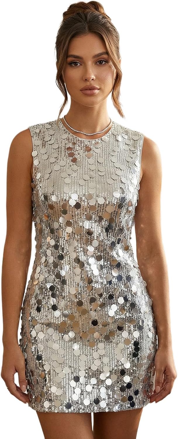 Women Sequin Dress Sparkly Glitter Sleeveless Shift Dress Cocktail Disco Outfit Party Club Night Out Dresses