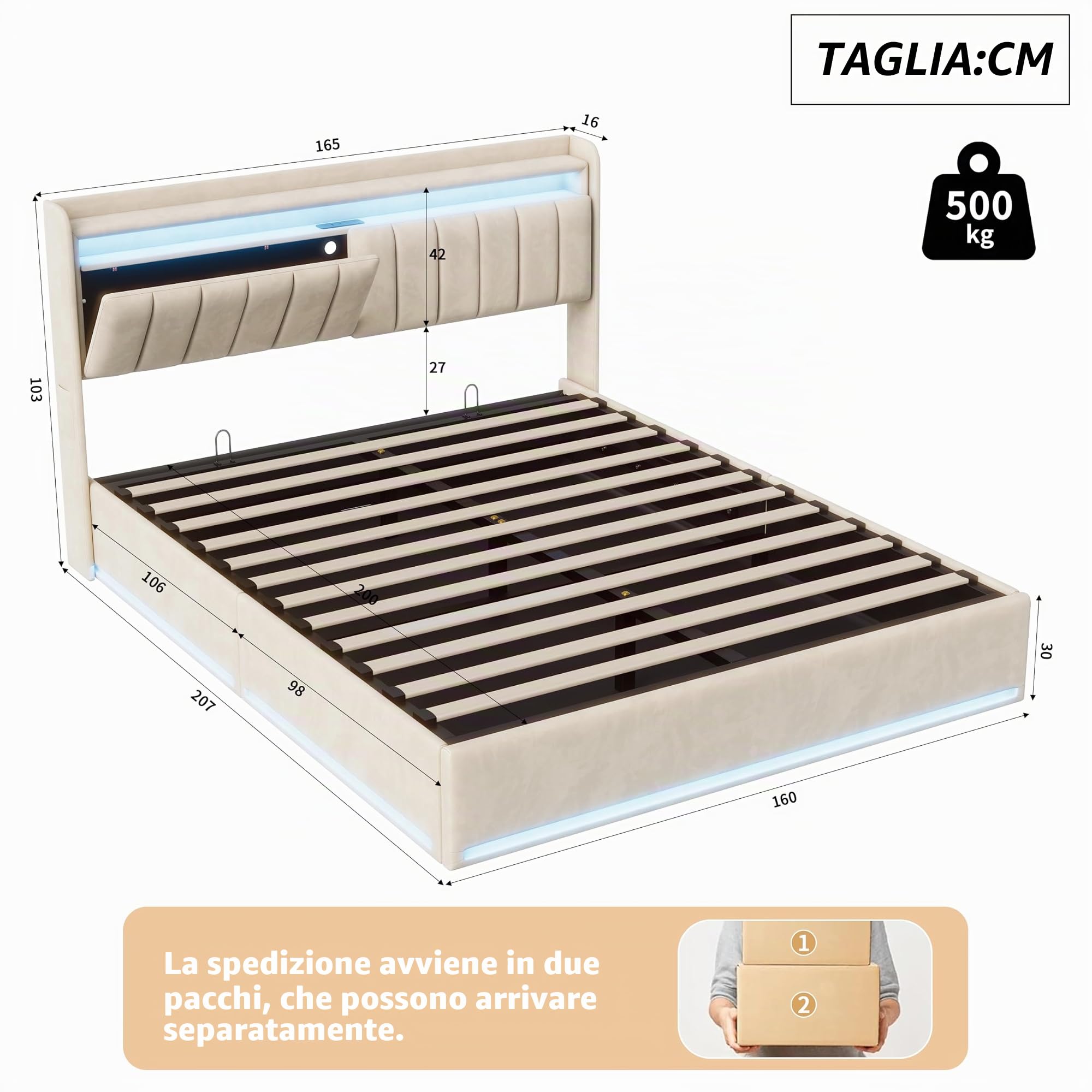 Letto Matrimoniale con Contenitore 160x200 cm, Letto Imbottito con illuminazione a LED e USB, letto matrimoniale imbottito,Letto Baule Testiera con Funzione di Stoccaggio, Velluto Beige