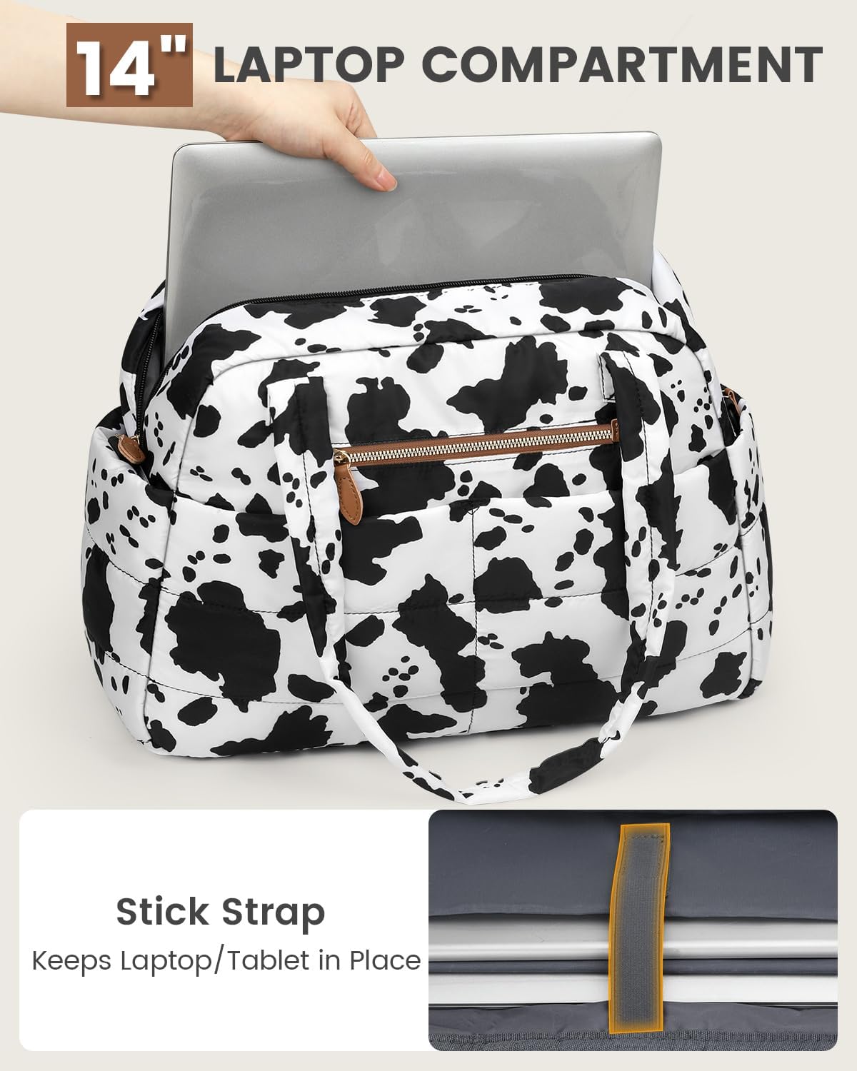 Travel Duffle Bag,Puffer Carry On Duffel Bag with Laptop Compartment Waterproof Overnight Weekender Bags for Women Large Hospital Tote Bags for Labor and Delivery(Medium,Cow Print) - Image 3