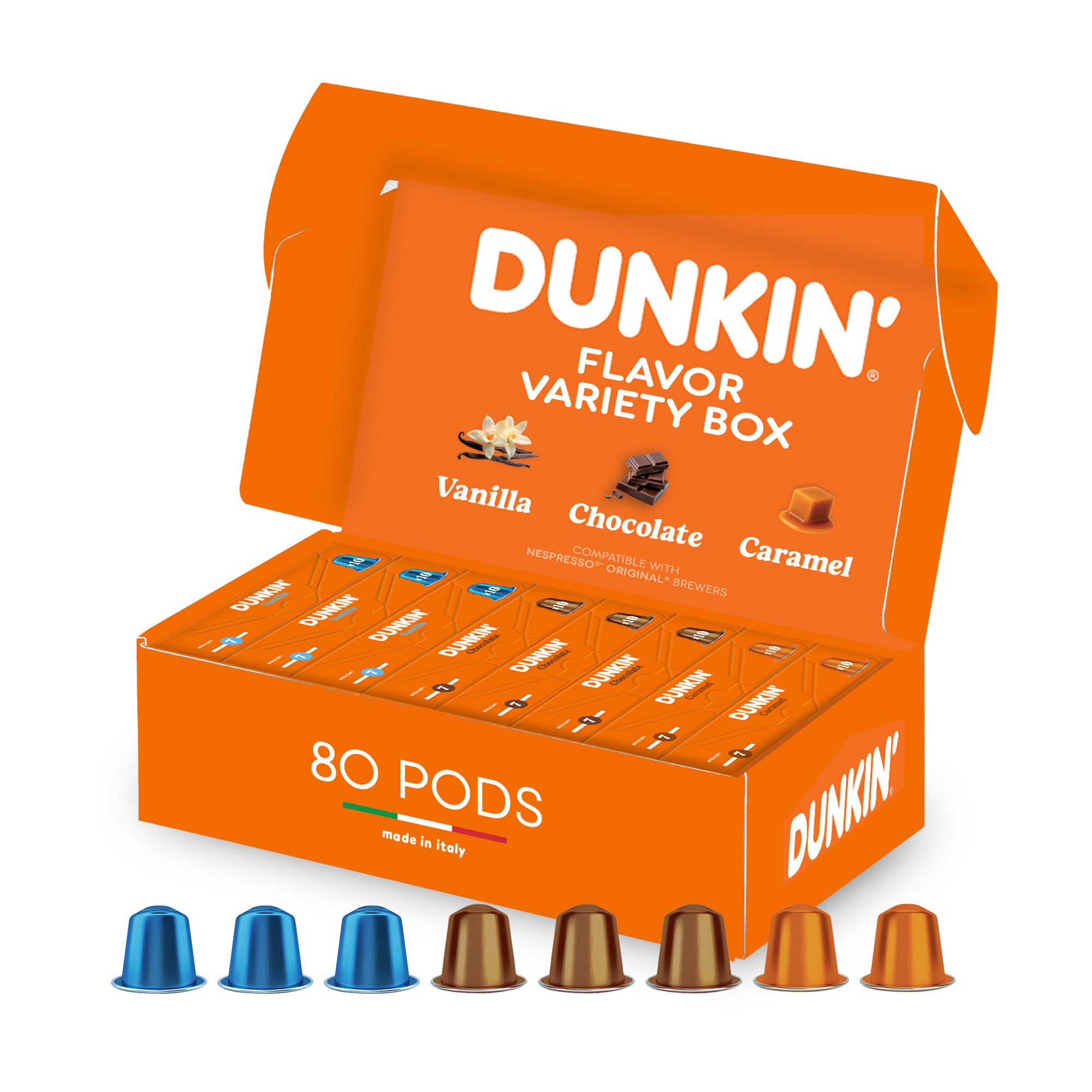 Flavor Dunkin' Donuts - 80 Cápsulas de Café, 3 Sabores Aromatizados: Vainilla, Chocolate, Caramel, Compatibles con Máquinas Nespresso, Cremoso y Aromático, Idea Regalo