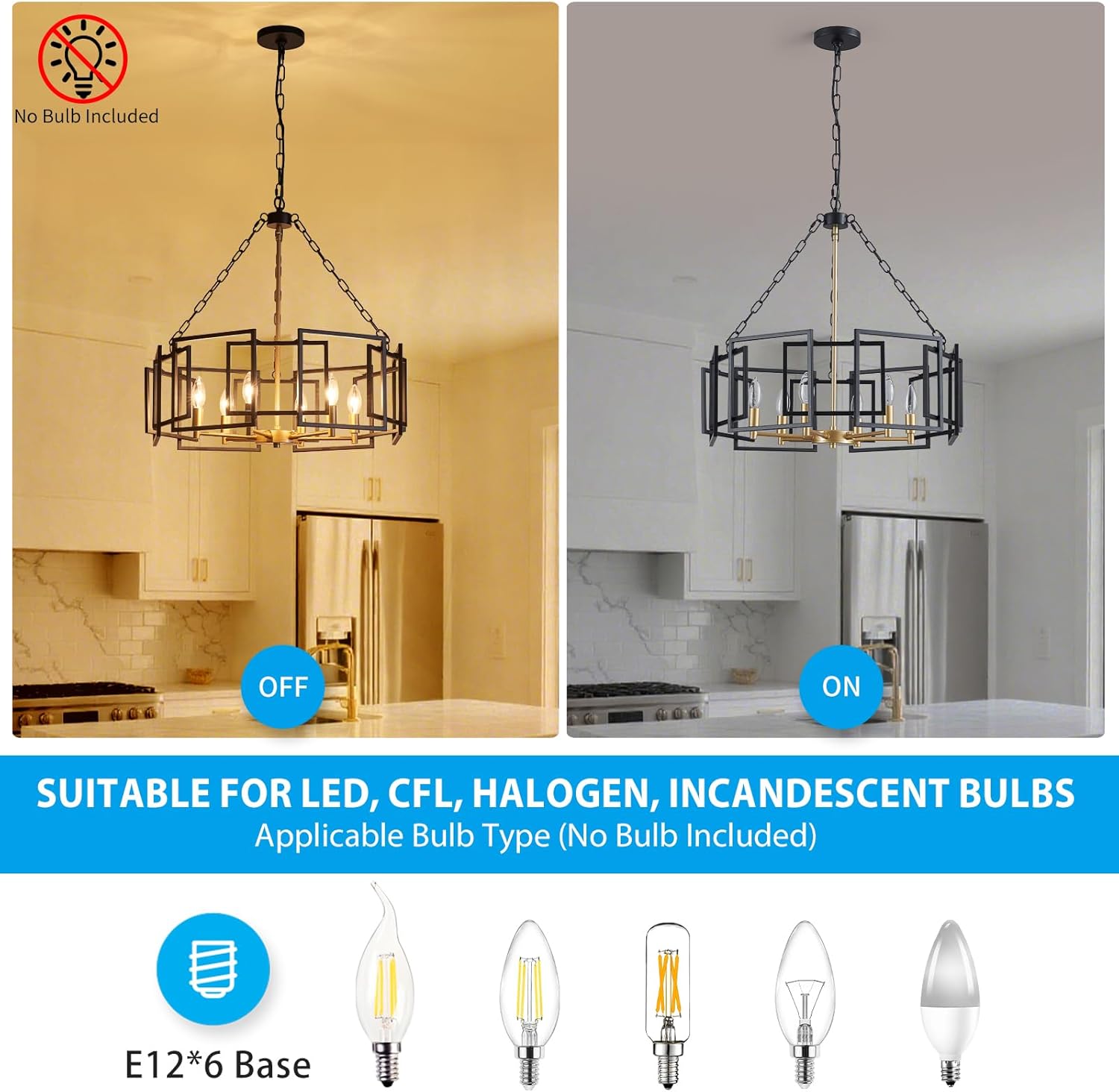 XINGQI 25 Inch Black Gold Chandelier 6-Light Large Modern Farmhouse Chandelier Adjustable Height Industrial Pendant Lighting Fixture for Dining Room Living Room Kitchen Island Bedroom Office Metal