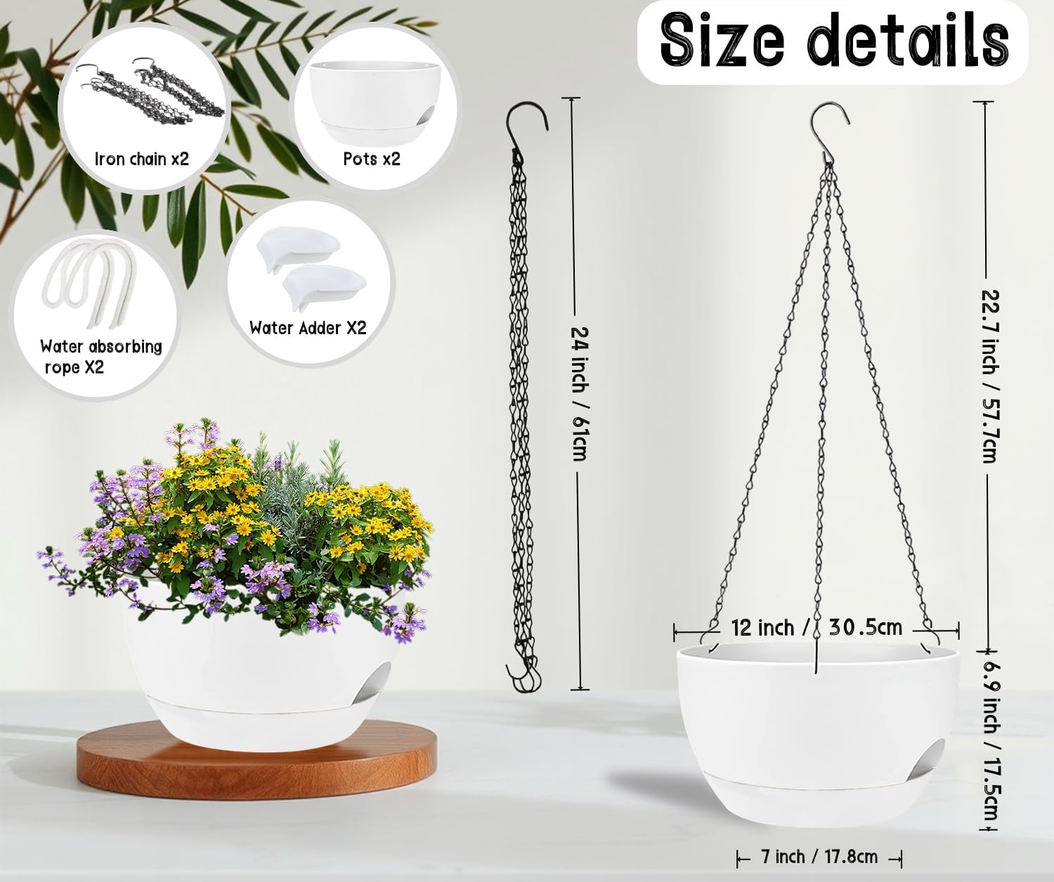 2 Pack 12 Inch Self Watering Hanging Planters for Indoor Plants, Large White Plastic Hanging Pots with Chains for Outdoor Patio Garden Home Decor White