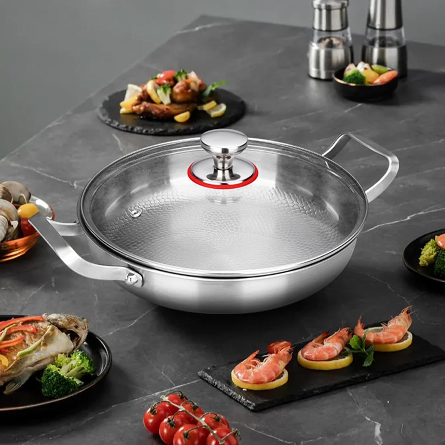 2 Pcs Titanium Cookware Set, 14 Inch Titanium Wok and 12 Inch Titanium Pan for Cooking with Lids No Coat Durable Scratch Resistant, Safe for Oven, Induction and Cook Tops, Dishwasher Safe