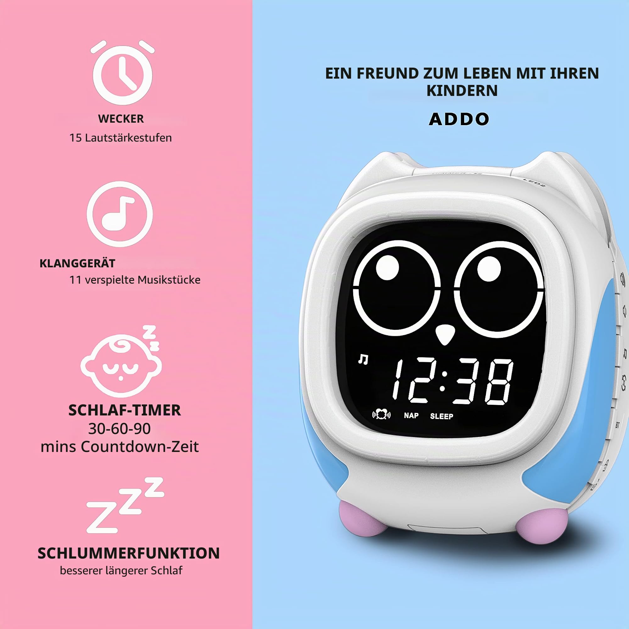 iTOMA Addo Kinder Wecker, Sonnenaufgang/Sonnenuntergang Simulation Nachttischlampe, wachsen Kinderuhr Trainer, weiße Geräusch Schlaf Geräusche Wake Up Clock Eule CKS912-2