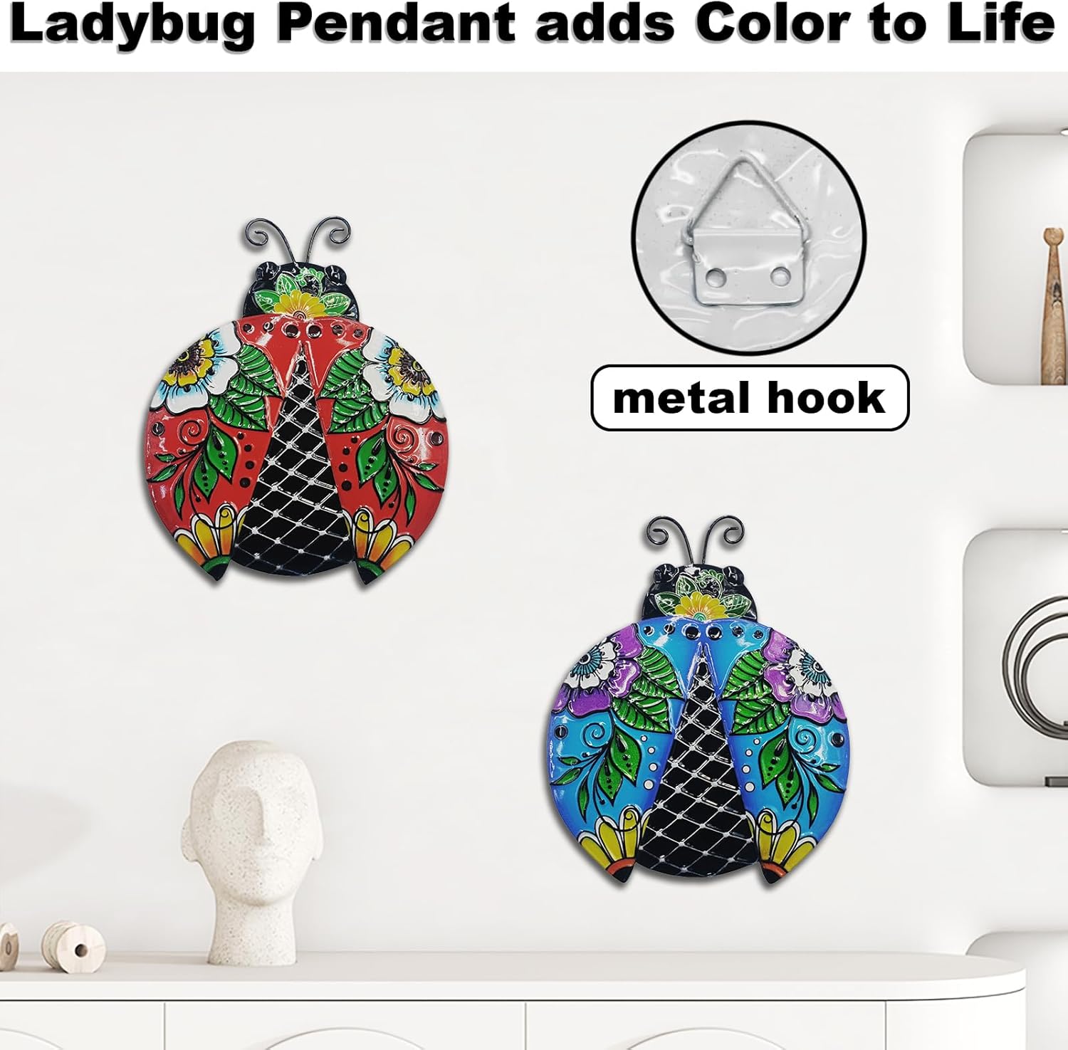 John's Studio 2Pcs Metal Ladybug Wall Decor Outdoor Garden Hanging Art Sculptures Home Ocean Theme Decorations for Kitchen Bathroom and Pool