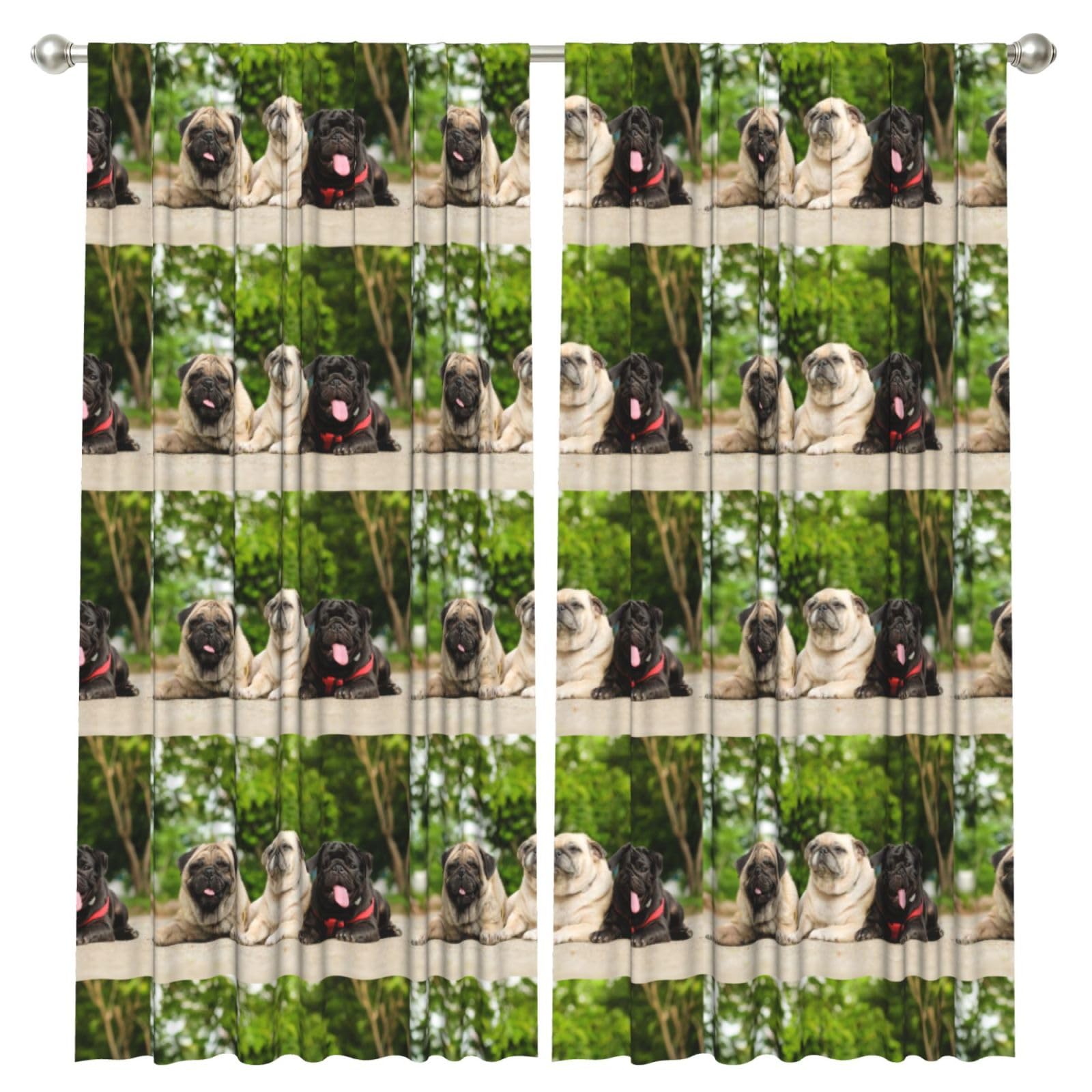 InOmak Pug Friendship Bokeh Dogs Pets Friends Pug, 2 Panels Window Curtains 52 x 84 Inch Blackout Curtains for Living Room Bedroom