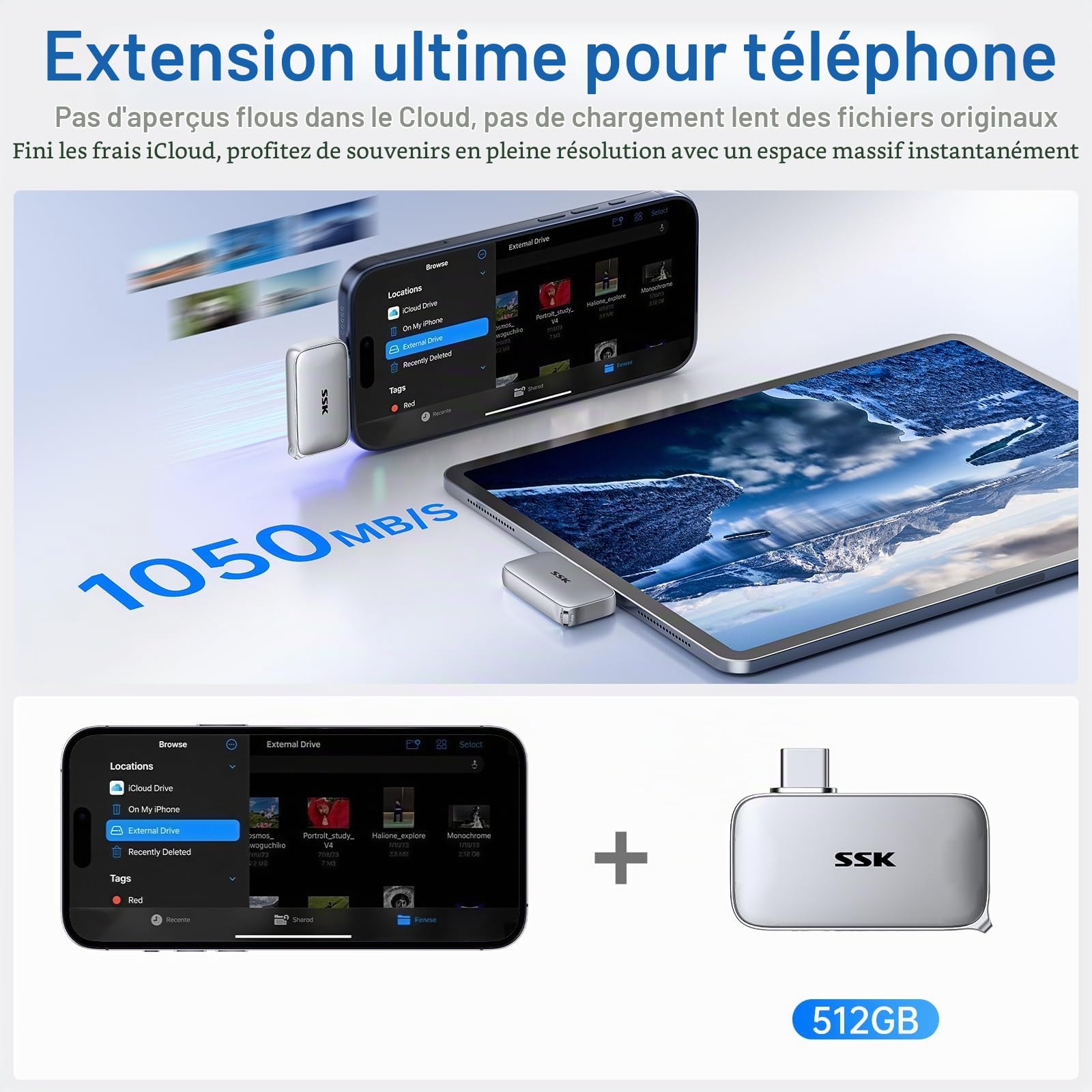 SSK Disque SSD Extreme 2To, USB 3.2 Gen 2 SSD Portable jusqu'à 1050 Mo/s