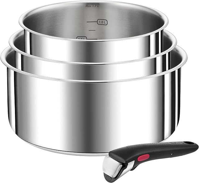 Tefal L898S4 Ingenio Preference 4-częściowy zestaw garnków | można układać w stos | zajmuje mało miejsca | wysokiej jakości stal nierdzewna | nadaje się do płyt indukcyjnych | srebrne
