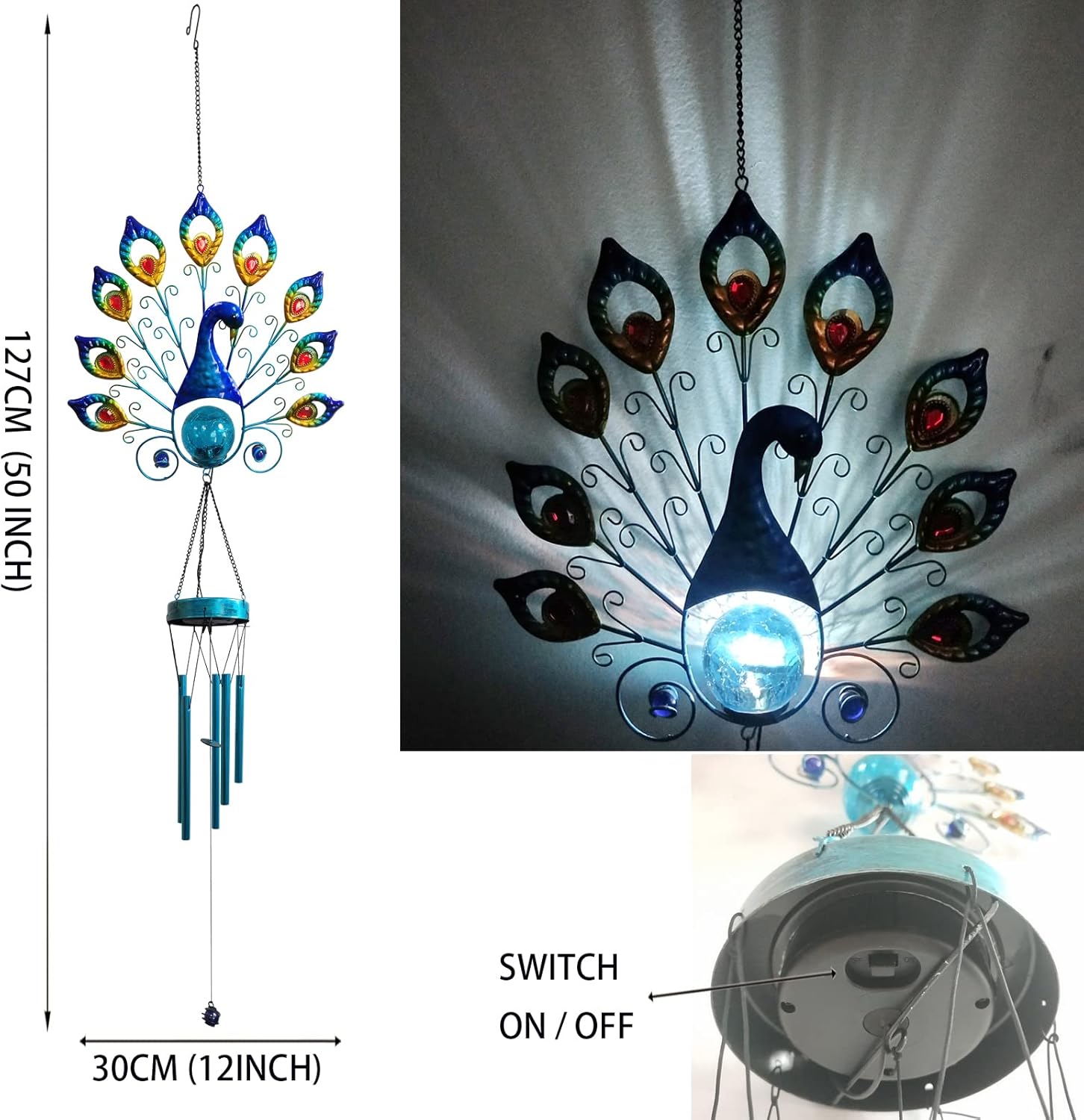 Peacock Solar Wind Chimes Outdoor, 50" Large Windchimes LED Lighting with Crackle Glass Ball, Blue Metal Peacock Hanging for Garden Patio Yard Home Decor Gift
