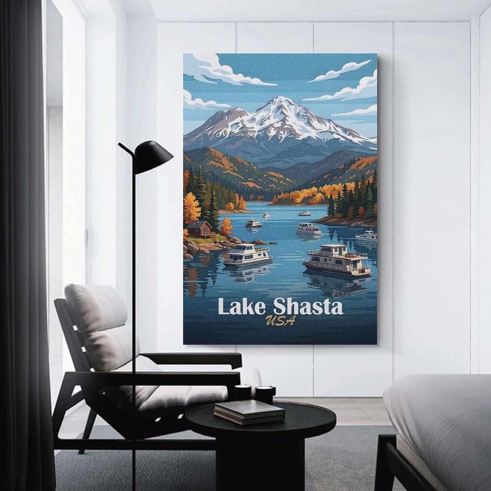 Junmoney Lake Shasta Scenic Landscape with Boats Wall Art Print, 20x30inch(50x75cm), for Office, Study Or Home Workspace, Decorative Artwork for Productive Spaces