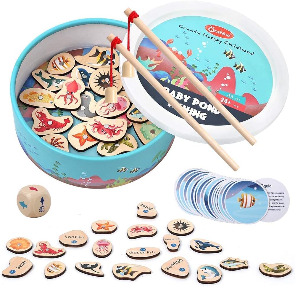 Magnetic Fishing Games for Kids, 20 PCS Maze Wooden Fish Magnet Toy, 2 Players Game with 20 PCS Wood Ocean Animal Magnets, 20 Fish Cards and 2 Poles