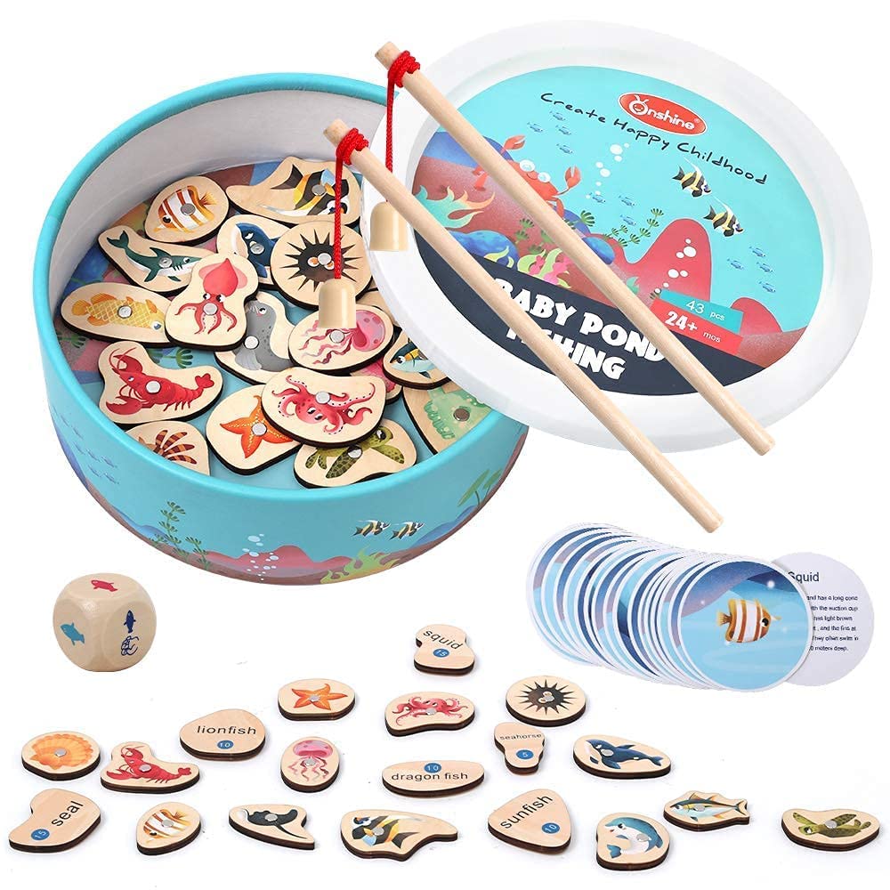 Magnetic Fishing Games for Kids, 20 PCS Maze Wooden Fish Magnet Toy, 2 Players Game with 20 PCS Wood Ocean Animal Magnets, 20 Fish Cards and 2 Poles
